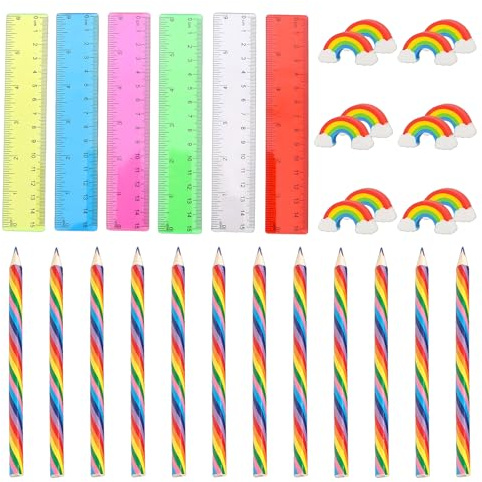 AMSNINK Regenbogenstift Set, 12 Regenbogenstifte Kinder Mit 12 Regenbogen Radiergummis Und 6 Farbige Lineale, Regenbogen Deko Für Malen, Zeichnen, Kunst, Basteln, Schule, Mitgebsel Kindergeburtstag