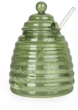 Home Deco London Glass Honey Jar with Dipper, Beehive Design, 13 cm, Green