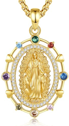 EUDORA Harmony Ball Jungfru Maria halsband i 925 sterlingsilver för dam, 18 karat guldpläterat Our Lady hänge, religiös medaljong, present till mamma och fru, 55,9 cm
