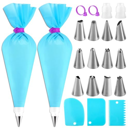 OIHCAZ Piping Bags and Nozzles, 21PCS Cake Decorating Kit Includes 2 Reusable Pouches 12 Piping Nozzles 2 Connectors 2 Pouch Ties & 3 Cake Scrapers for Decorating Cakes Pastries and Cupcakes