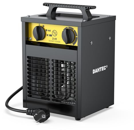 DAHTEC Calefactor Eléctrico 2000W Potenciado - Calentador Portátiles Industriales - Termostato y Protección contra Sobrecalentamiento - Apto para Construcción, Garaje e Invernadero
