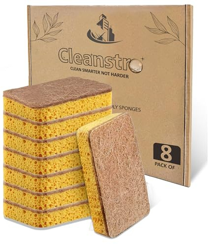 Eco Sponge Scourers Pack of 8 Plastic Free Sponges Washing Up Pads - Odor Free Skin-friendly Biodegradable Sponges Washing Up Scrub for Dishes - Sturdy Eco Friendly Compostable Sponge