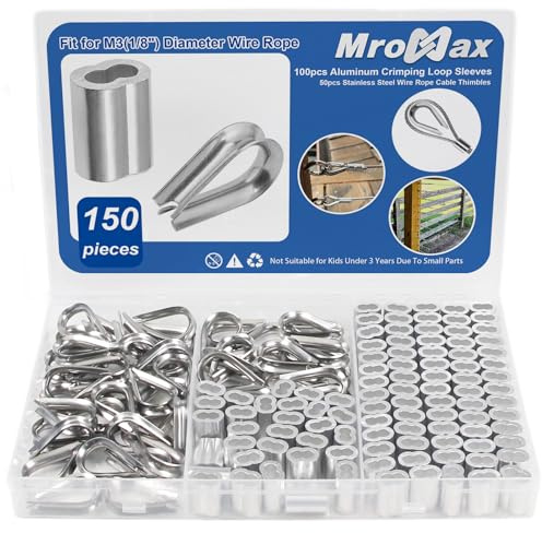 MroMax 100 Pcs 1/8 inch Wire Rope Aluminum Sleeves Cable Crimps, and 50 Pcs M3 Stainless Steel Thimbles Rigging for Wire Rope Cable