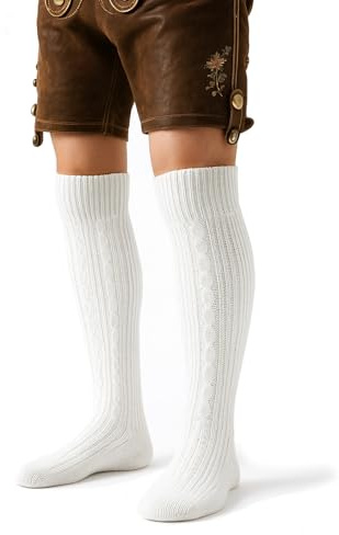 Scinzene Calcetines tradicionales largos para hombre, de algodón hasta la rodilla, con patrón trenzado, para Oktoberfest, pantalones de cuero y traje regional, ajuste cómodo, talla 36-42, color blanco