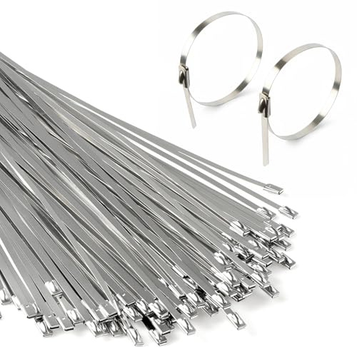 100 Pcs Stainless Steel Cable Ties 304 Stainless Steel Metal Zip Ties 4.6×300mm with Steel Ball Stopper for Fixed Fences Exhaust Wrapping Wire Fence Rolls Garden Repair Workshop Outdoor