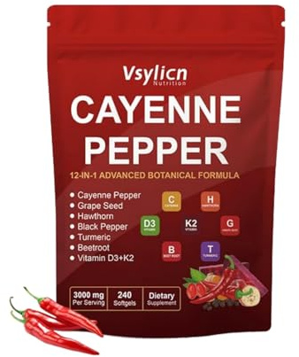Cayenne Pepper 240 Softgels Supplement | Supports Heart and Blood Vessel Health | with Vitamin E D3+K2 and Extracts of Grape Seed, Hawthorn, Beetroot, Berberine | Vegans & Vegetarians