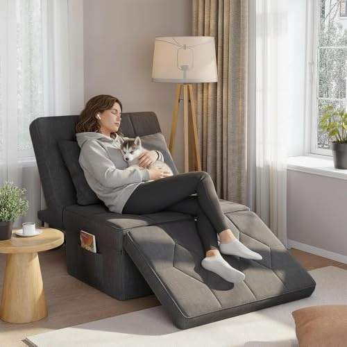 DSNAPE 4-in-1 Sofa Bed, Convertible Single Sofa Chair with 5-Level Adjustable Backrest, Sleeper Chair Bed with Pockets and Pillow, Foldable Pull Out Sofa for Living Room Bedroom Guest Room, Dark Grey