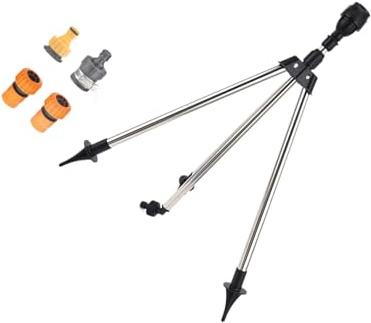 Aspersor de jardín giratorio de 360 grados en base de trípode ajustable, adaptador de manguera de 3/4 pulgadas para patios, invernaderos, riego de parterres, aspersor de base de metal resistente