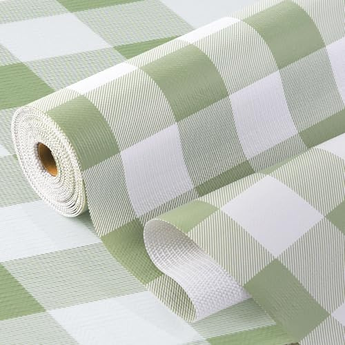 Insigoo Kitchen Drawer Liners, Non Slip Shelf Liners for Cupboards, Non Adhesive Cabinet Mat, 30x300cm Protector Liner for Shelves, Waterproof Washable Shelf Mats for Bedroom Wardrobe, Green/White