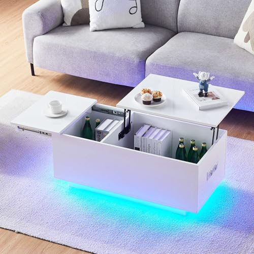 CLIPOP Couchtisch höhenverstellbar, Hochglanz, LED und Steckdose, Weiß | LED Beleuchtung, Steckdose und USB, einstellbare Lichtfarben, verstecktes Staufach, Wohnzimmertisch/Beistelltisch