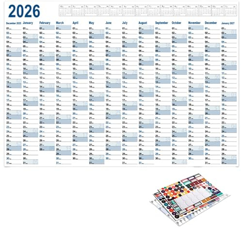 GWAWG 2026 väggkalender – stor 53 x 75 cm årlig väggplanerare 2026 med prickiga dubbelsidiga klistermärken + 4 färgpaket | för kontor, skola, hem | för alla åldrar