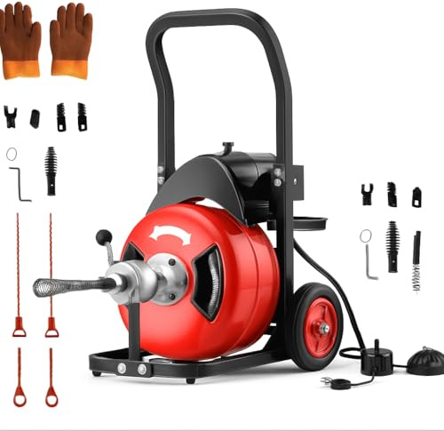 50Ft Drain Cleaning Machine, 450w Portable Drain Auger with Wheels, 1/2 Auto-Feed Drain Snake with 4 Cutters, Electric Sewer Auger for Sink, Toilet, Floor Drain