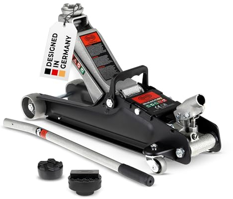 HEYNER® Hydraulik‑Rangierwagenheber Set 2,25 t – extra flach (85–380 mm), 2 Schwenkräder, Ø 45 mm Gummiteller, inkl. Gummiauflage für BMW/Mini, leicht rangierbar, pulverbeschichteter Stahl