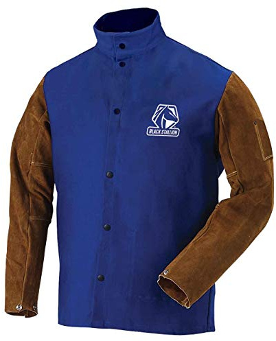Black Stallion (FRB9-30C/BS 30 Length, 9 oz Flame-Resistant Cotton & Cowhide Hybrid Welding Jacket, Standup Welder's Collar, Dual Scribe Pockets, 4X-Large, Royal Blue and Brown
