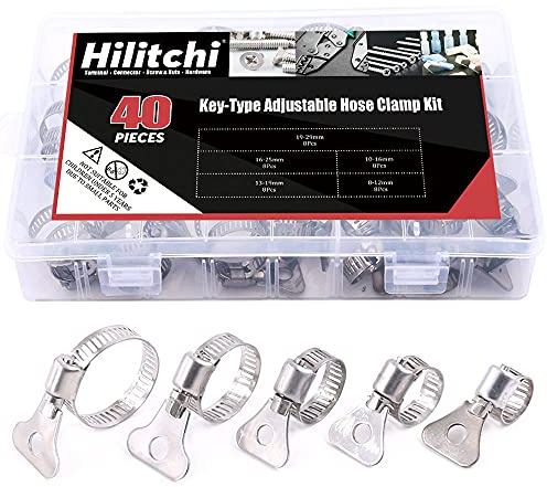 Hilitchi 40-Pcs 8-29mm Clamping Range Butterfly Key-Type Adjustable Hose Pipe Worm Gear Clamps Assortment Kit, Clamps Ideal for Plumbing, Automotive - - 304 Stainless Steel
