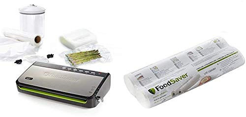 Foodsaver Food Vacuum Sealer Machine with Integrated Roll Storage, Bag Cutter and Delicate Food FFS005 + FoodSaver 2 x Reusable Vacuum Rolls | 28 cm x 5.5 m