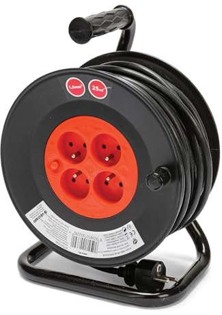 Velamp REEL-FR-25 Verlängerungskabel, elektrisch, 25 m, mit Kabelaufwicklung, 4 Steckdosen, 16 A, Querschnitt 3G1,5 mm2, Schwarz/Rot