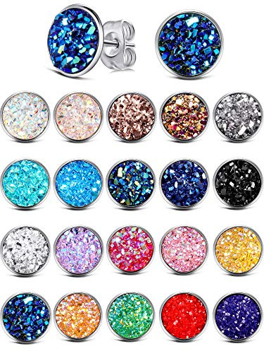 Yaomiao 20 Pairs Round Stud Earrings Stainless Steel Druzy Stud Earring Anti Sensitive Fit Women Men Holiday Birthday Party(8 mm)