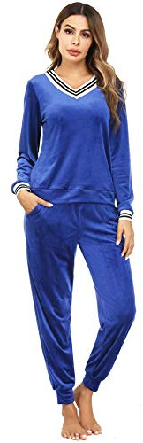 Irevial Dam velour hemmadräkt Nicki pyjamas lång vinter mjuk pyjamas kostym set tvådelad flanell träningsoverall topp och byxor med fickor, blå, M