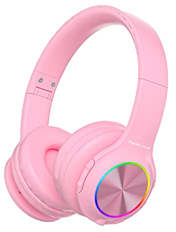 PowerLocus Kids Headphones, Bluetooth Headphones Over Ear for Kids with LED Lights, 94db Volume Limited Headphone, Micro SD/TF, Foldable with Hi-Fi Stereo,Built-in Mic for School/Tablet/Travel (Pink)
