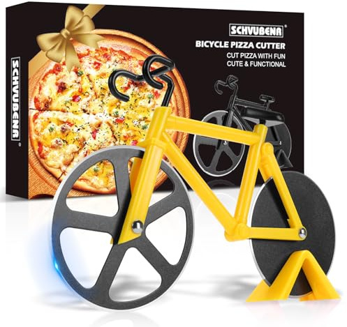 SCHVUBENR Bicycle Pizza Cutter Wheel - Gifts for Cyclists Men - Housewarming Gift - Bike Pizza Cutter - Funny Kitchen Gadget - Stainless Steel Pizza Slicer (Yellow)