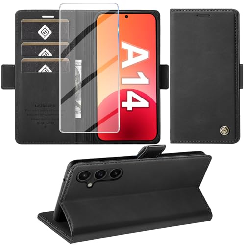 Giyer Handyhülle für Samsung Galaxy A14 5G Hülle mit Schutzfolie, Standfunktion Kartenfach Wallet Premium Leder Schutzhülle A14 4G/5G Flip Case Cover Stoßfeste Klapphülle A14 6.8 Zoll (Schwarz)