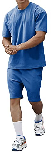 amropi Herren Sportanzug Jogginganzug 2 Teile Sommer Trainingsanzug Kurzarm Kleidung Set Blau,L