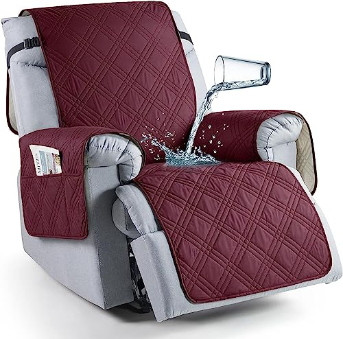 LINGKY Sesselschoner für Fernsehsessel, 100% Wasserdicht 1 Sitzer Sesselschoner, Anti-Rutsch Sesselauflage Relax mit Taschen Waschbar Sessel Überwürf Sesselbezug (Weinrot,1-Sitzer)