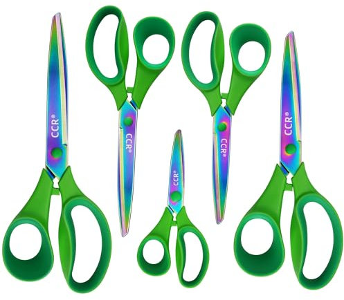 CCR Scissors,Multi-Purpose Scissors Set Coloured Titanium Plated with Sharp Stainless Steel Blades,Comfort Grip Handles,Sturdy for School Home Office Art Craft Sewing Tailor Heavy Duty,5 Pack