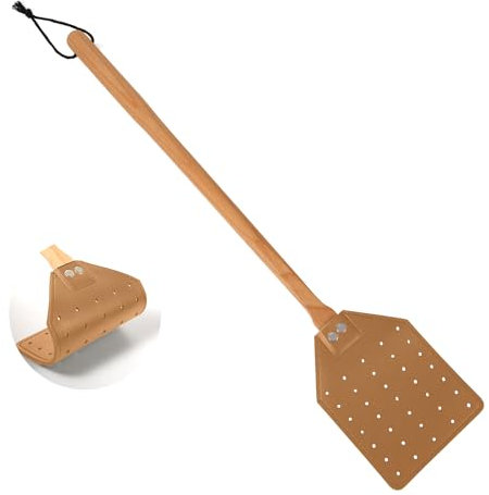 Matamoscas de Cuero, 49,5cm de Largo Resistente Matamoscas Manual con Mango de Madera Atrapamoscas para Interior y Exterior (Marrón)