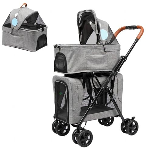 2-lagiger Haustier-Kinderwagen – Zusammenklappbarer Doppel-Reisekinderwagen für Haustiere – 4 Räder Reise-Einkaufs-Walking-Tragekäfig für Kleine Mittelgroße Hunde und Katzen,Grey