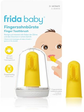 Frida Baby SmileFrida Fingerzahnbürste ab 3 Monaten | Dreiseitige Silikon-Zahnbürste mit weichen Borsten | Massiert Zahnfleisch | BPA-frei | Inkl. Aufbewahrungsbox | Für zahnende Babys