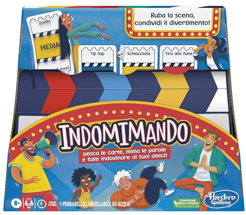 Hasbro Gaming Indomimando Gioco da Tavolo Dei Mimi, Gioco per Famiglie per 4 o più Giocatori con Carte Personalizzabili e Ciak, Gioco per Bambini e Bambine da 8 Anni in Su,