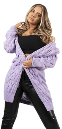 WearAll Women Cable Knitted Oversized Long Hooded Cardigan Maxi Ladies Chunky Jumper Cape Open Front Collarless Knit Top Size 8-16