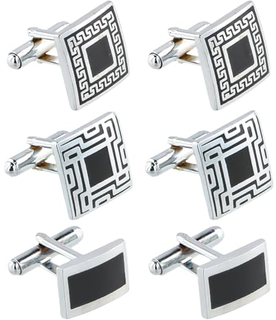 Shengxi 4 Paar Herren Edelstahl Manschettenknöpfe Silberschwarzes Geschäft Hemd Manschettenknöpfe Rundes Quadrat Klassische Geschnitzt Manschettenknöpfe für Festival Hochzeit Offiziel