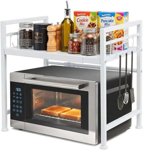 Henmeili Mensola Microonde Estensibile 40-65 cm, Regolabile Due Livelli Microonde Scaffale, Acciaio Carbonio Ripiano Contatore Cucina Organizzatore Ripiani, 6 Ganci, Carico Pesante 60lbs (Bianco)