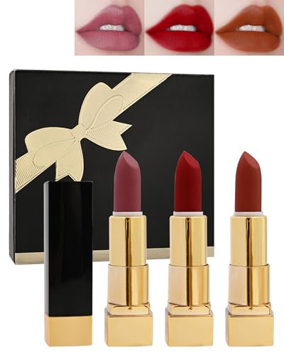 Matte Velvet Lipsticks Makeup Set for Women-3 Colors Nude Pink Rose Ruby Red Lipstick Case, Long Lasting Waterproof Non-Stick Cup, Natural Soft High Pigmented Full Coverage Lip Tint Stain Makeup-Set A