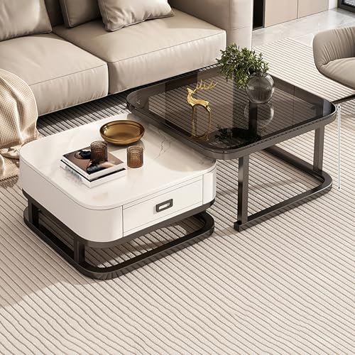 Fslvmin Satztisch-couchtisch 2er-Set, Moderner Quadratischer Cocktailtisch mit Kunstmarmorplatte und Schublade, Stapelbarer Mitteltisch für Wohnzimmer, Wohnung, Kleine Räume(A Set, Black2)