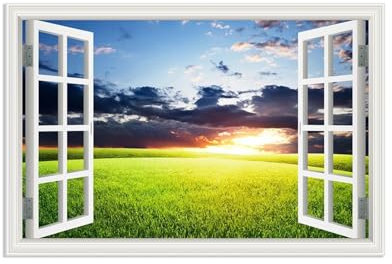 RXNHGJDS Fensterblick Bilder auf Leinwand,Farbenfrohe Feldlandschaft bei Sonnenuntergang,Leinwandbild Sonnenuntergang Wandbilder Fensterblick Offenes Fenster Ansicht Bild45x30cm(18x12in) Rahmenlos