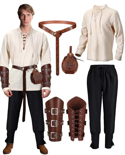 SATINIOR 5 Stück Mittelalter Kleidung Herren Set Renaissance Viking Kostüm Mittelalter Leinenhemd Hose mit Knöchelriemen Gürtel Handgelenkschützer Gürteltasche(Khaki, Schwarz, Braun,XL)