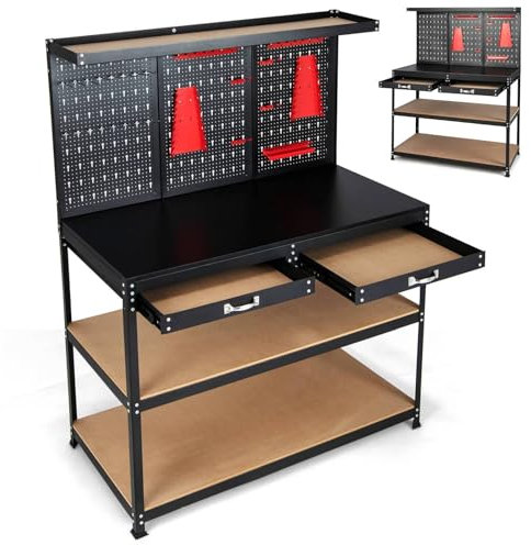 HOMFME Tool Workbench, Metal Garage Work Bench with Pegboard, 2 Drawers and 25 Hanging Accessories, Heavy Duty Worktop Tool Storage Station, 435kg Weight Capacity