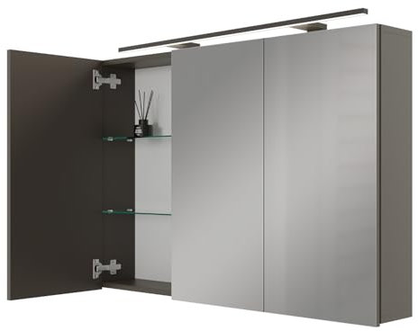 Planetmöbel ARIA Spiegelschrank Bad mit Beleuchtung 120 cm breit | Badschrank hängend mit Spiegel | Anthrazit, mit Leuchte und Steckdose, Spiegelschrank Gäste WC 120 x 70 x 16 cm