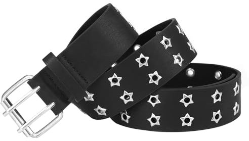 RUILAIBO Nietengürtel, Metall, Punk, Rock, Nietengürtel für Damen/Herren, mit Ösen, Pyramide, Goth, Sternöse, XL Fit Pant below 47'' （Length 51'')