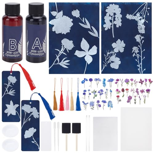 WEBEEDY Sonne Drucken Papier Kits Blumen Cyanotypie Papier Kit mit Quaste Lesezeichen Sonne Kunst Papiere Set Natur Druck Papier Hochempfindlich Cyanotypie Papiere für Erwachsene,30 Blätter,22x15.5cm