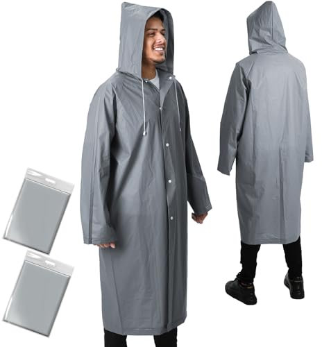 ANYOO Regenponcho Wasserdicht 2 Stück Lang Regenmantel mit Ärmeln für Herren & Damen, Leicht Regencape für Wandern, Camping, Fahrrad, Festival, Wiederverwendbar, Grau, Einheitsgröße