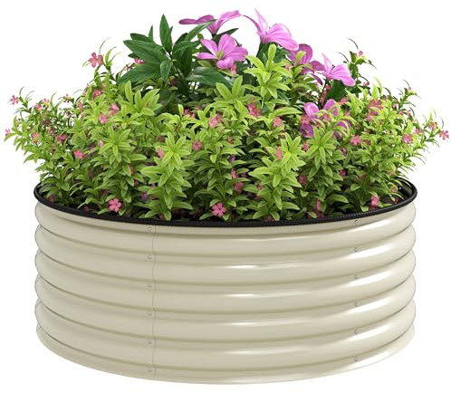 Outsunny Galvanised Raised Garden Bed with Safety Edging, Outdoor Raised Planter Box with Gloves and Open Bottom, Metal Raised Bed for Flowers, Vegetables and Herbs, 120 x 120 x 43cm, Cream White