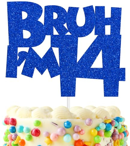 Hequoyer Bruh I'm 14 Cake Topper, Bro I'm 14, It's My 14th Birthday, Happy 14th Birthday Party Decorations Supplies for Boys, Blue Glitter