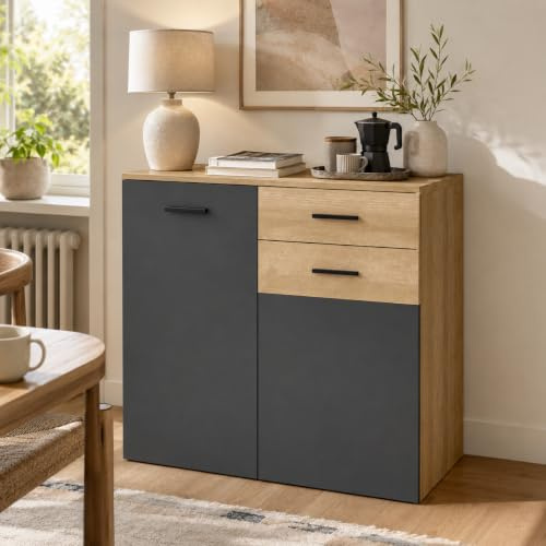 PREMTURE Credenza nero-legno 90 cm – Mobile da cucina con 2 ante, 2 cassetti e 5 scomparti – Cassettiera in stile moderno per cucina, soggiorno e sala da pranzo, 90 × 85 × 45 cm