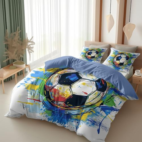 Set Housse de Couette 200 x 200 cm Football de Style Doodle Parure de Lit 2 Personnes et 2 Taies d'oreiller 65x65 cm, 100% Microfibre Parure de Linge de Lit avec Fermeture Éclair, Bleu Clair