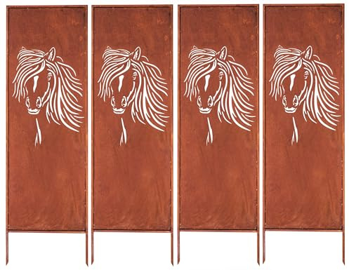 Kapaga - Sichtschutz Metall 4x - 160x50 cm - Edelrost - Rostoptik, Patina | für Garten und Terrasse - Corten, Sichtschutzelement - Sichtschutzwand - Gartendekoration Zaun - Rost (Strauch) (Pferd)